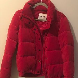 Red DKNY sport puffer jacket ~ velvet & satin